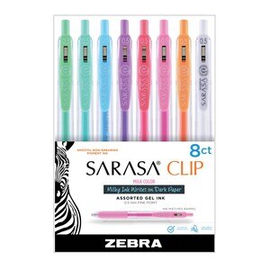 Zebra Pen Sarasa Clip Gel Retractable Pen, 0.5mm Fine, Assorted Milky Pastel, 8 CT