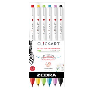 Zebra Click Art Retractable Marker Pen, Fine Point, Assorted Colors, 6 ct