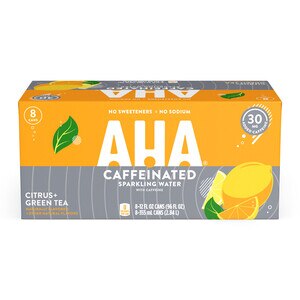 AHA Sparkling Citrus + Green Tea Flavored Water with Caffeine & Electrolytes, 12 OZ Cans, 8 PK