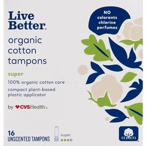 CVS Live Better Organic Cotton Tampons with Compact Plant-Based Plastic Applicator, Super, 16 CT