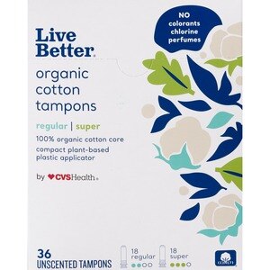 CVS Live Better Organic Cotton Tampons  with Compact Plant-Based Plastic Applicator, Regular & Super, 36 CT