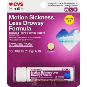 CVS Motion Sickness Less Drowsy Meclizine Hydrochloride 25mg Tablets, 16 CT