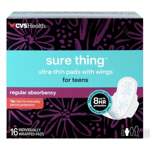 CVS Health Sure Thing Ultra-thin Pads for Teens with wings, Regular, 16 CT