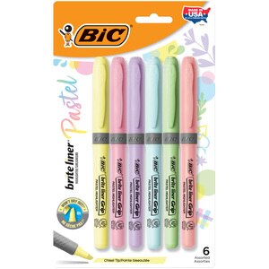 BIC Brite Liner Pastel Grip Highlighter Set, Chisel Tip, Assorted Colors, 6 ct