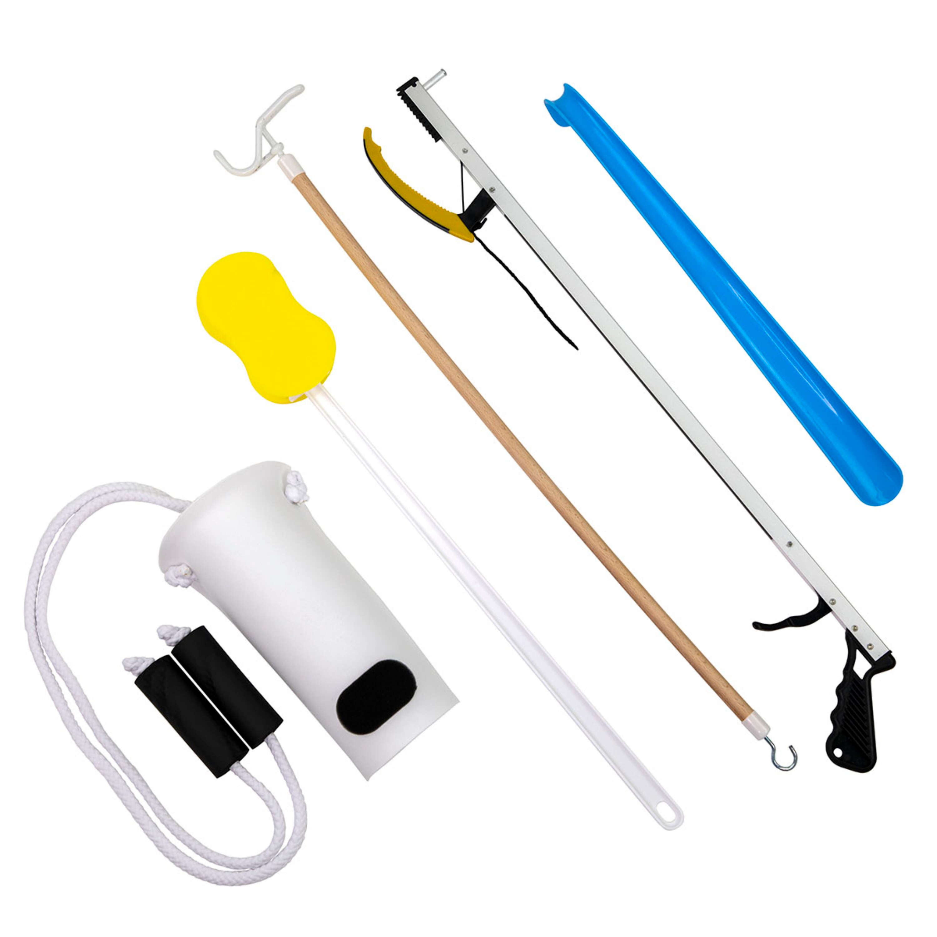 FabLife Hip Kit 5 with 26" Reacher, Contoured Sponge, Formed Sock Aid, 18" Plastic Shoehorn, 24" Dressing Stick