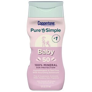 Coppertone WaterBABIES Sunscreen Pure & Simple Tear Free Mineral Based Lotion Broad Spectrum SPF 50, 6 OZ