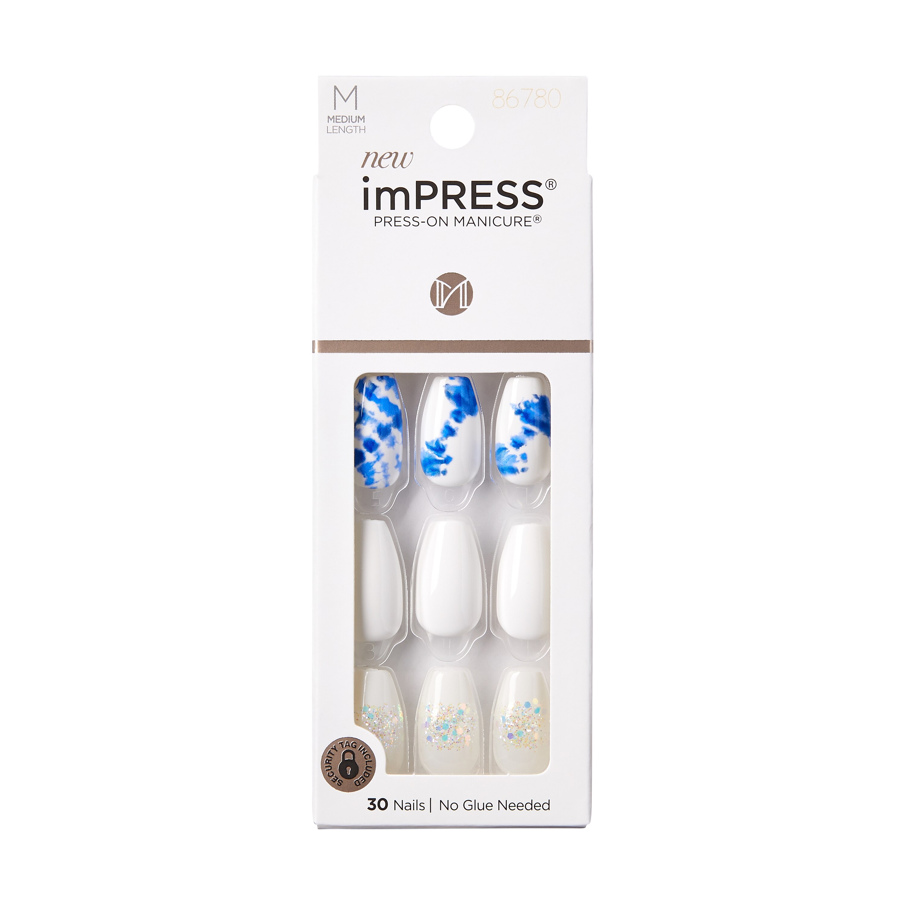 KISS imPRESS Press-On Nails, Blue & White, Medium Length, Coffin Shape, 33 Ct.