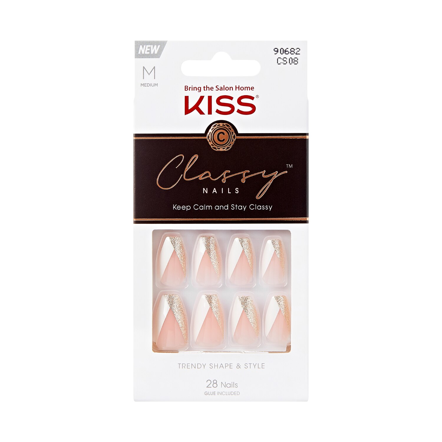 KISS Classy Press-On Nails, The BOSS, Glittery French, Medium Coffin, 31 Ct.