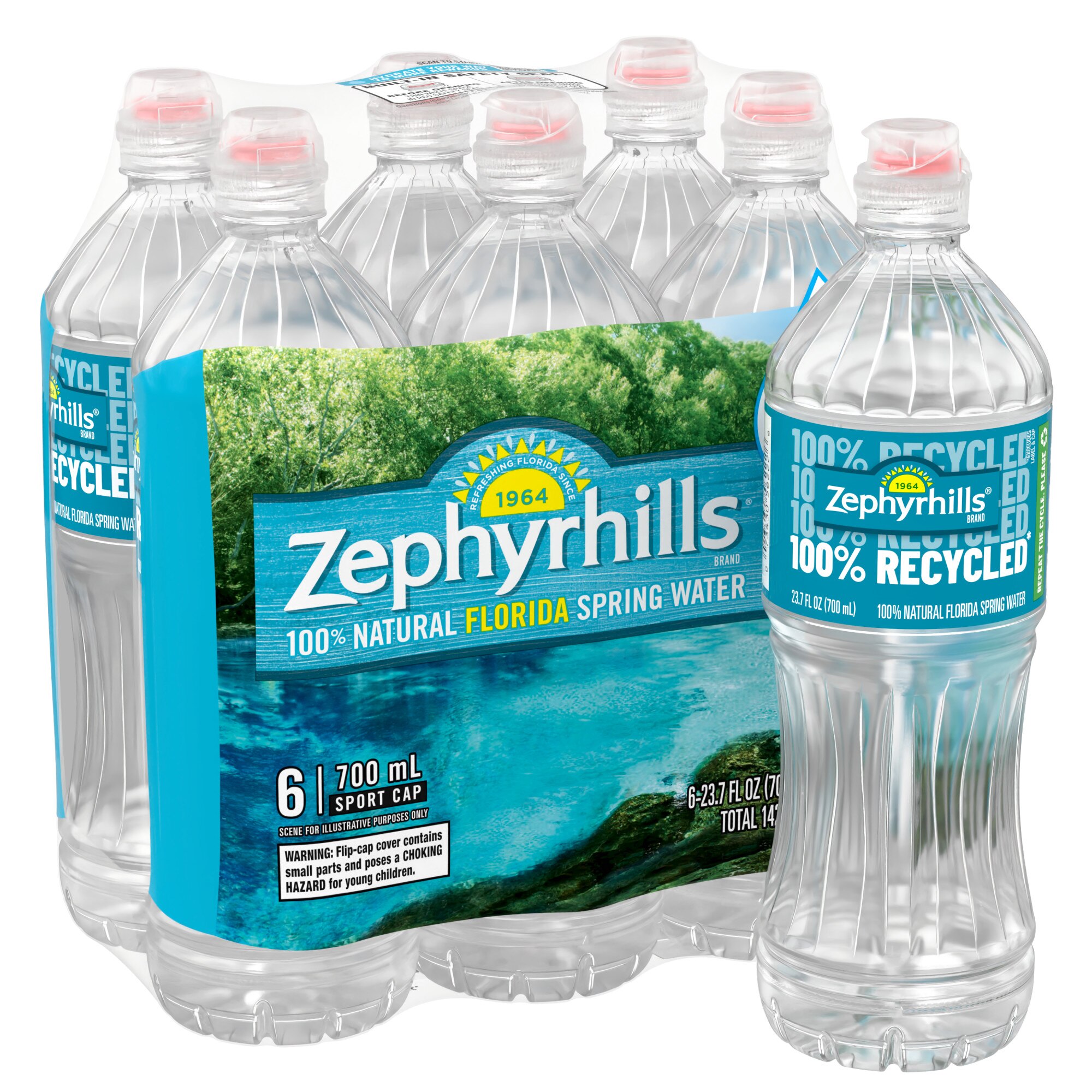 Zephyrhills Brand 100% Natural Spring Water, Sport Cap Bottles, 6 ct, 23.7 oz