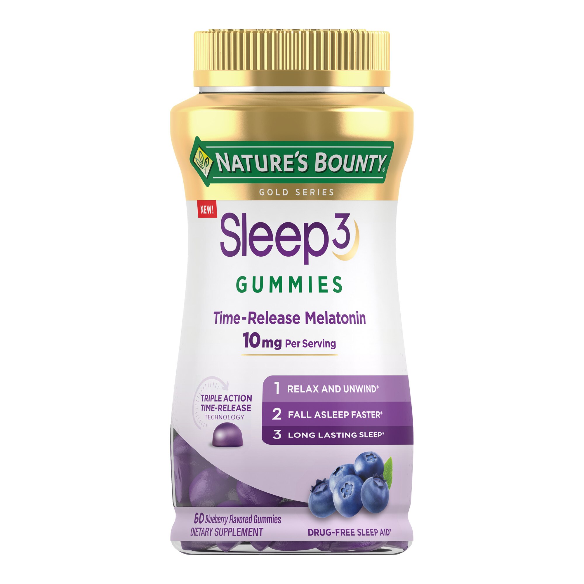 Nature's Bounty Sleep3 Gummies, 10mg Melatonin, Drug-Free Sleep Aid, 60 CT