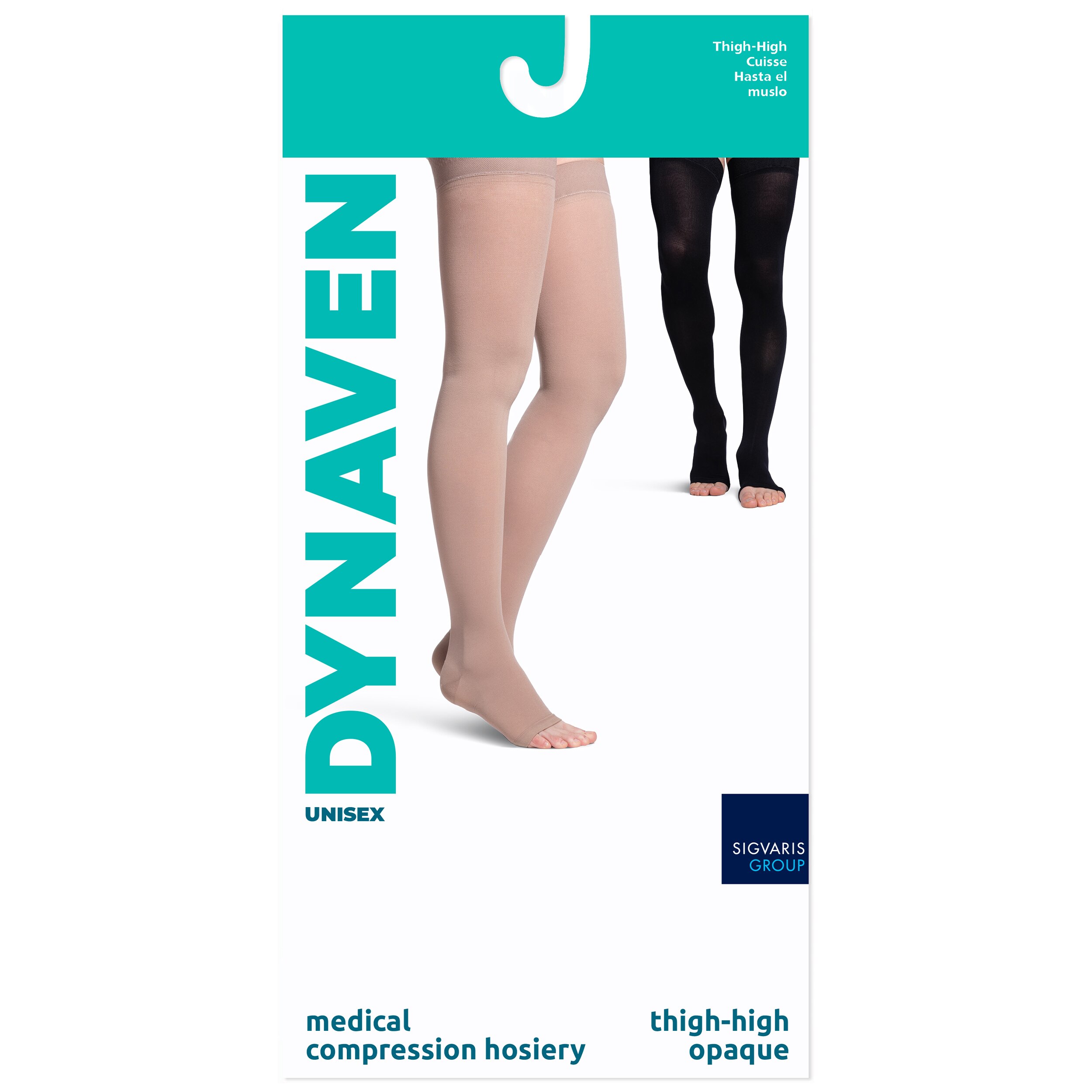 DYNAVEN Women's Opaque Thigh-High, Open-Toe, Light Beige, 20-30mmHg