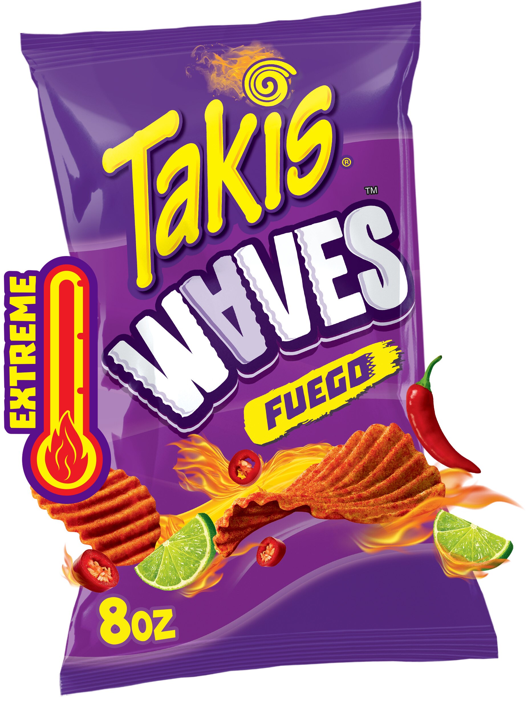 Takis Fuego Waves Hot Chili Pepper & Lime Flavored Spicy Wavy Potato Chips, 8 oz