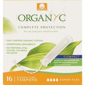 Organyc Organic Cotton Organic-Based Compact Applicator Tampons for Sensitive Skin, Super Plus, 16 CT