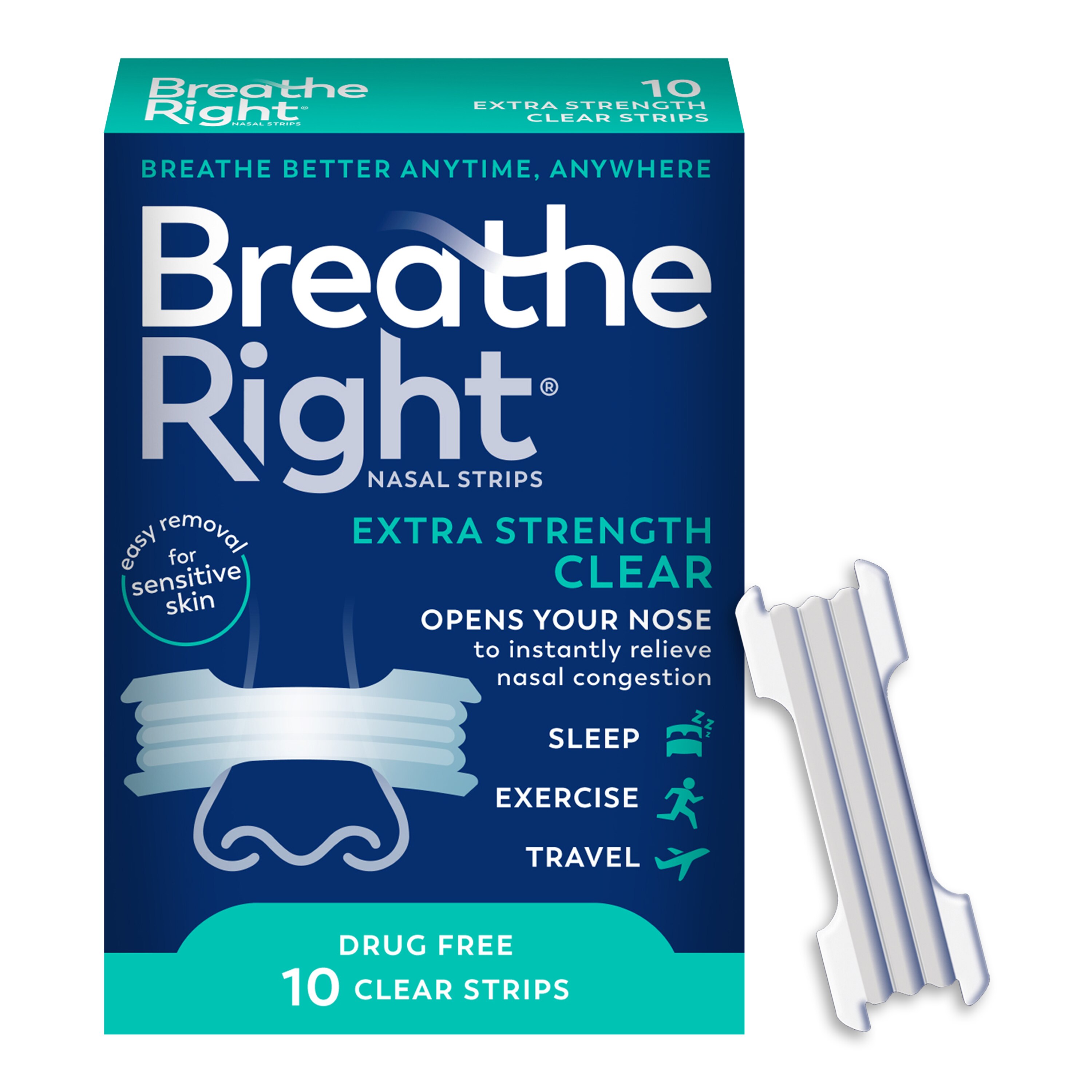 Breathe Right Extra Clear Nasal Strips, Clear, 10 CT