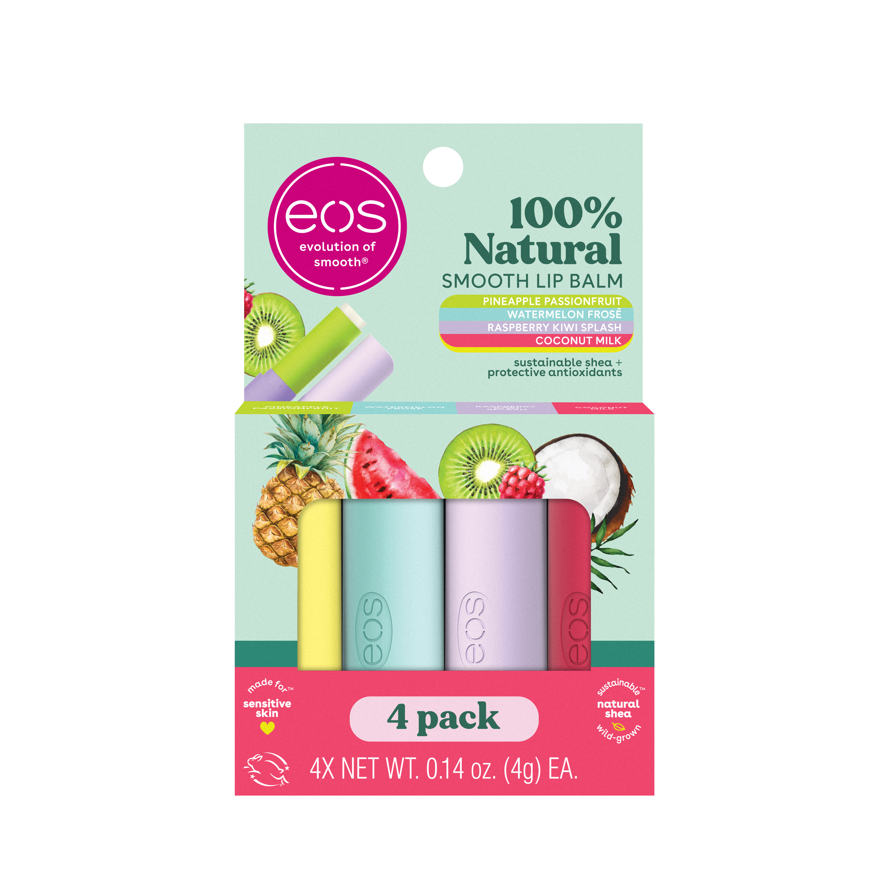 eos 100%  4-Pack Lip Balm Sticks, Natural Fruity Variety, 4 Pack