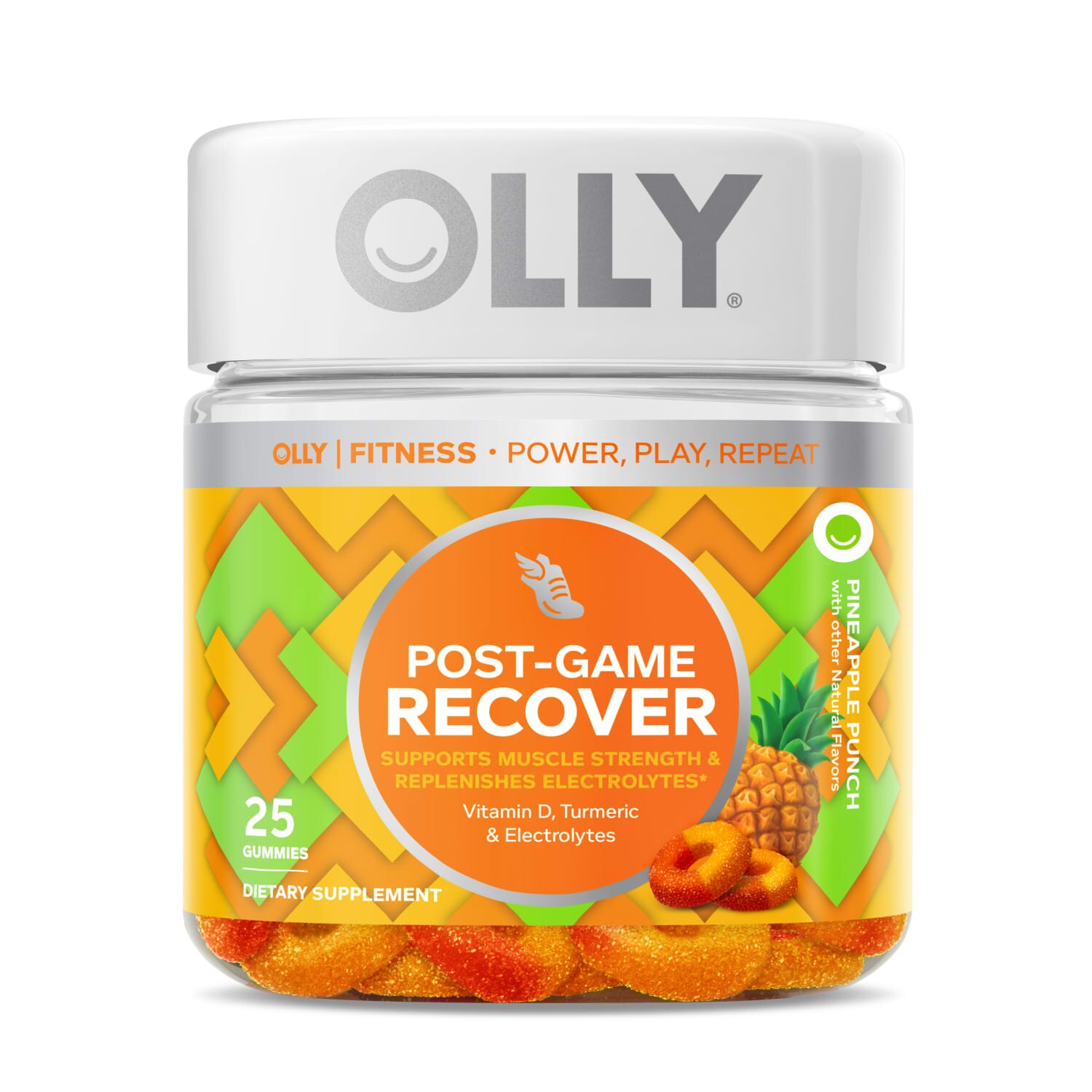 OLLY Post-Game Recover Gluten Free Gummies, Pineapple Flavor, 25 CT