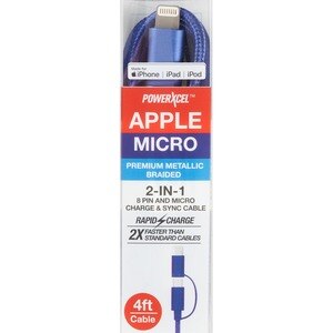 PowerXcel Apple and Micro 2-In-1 Cable, metallic braided, 4 ft