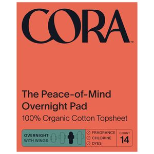 CORA The Peace-of-Mind Overnight Pad, with Wings, Overnight, 14 CT