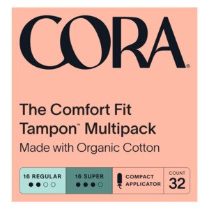Cora The Comfort Fit Organic Cotton Tampons, Regular and Super Variety Pack, 32 CT