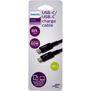 Philips USB-C to USB-C Cable, 6 ft, 60 w, Black