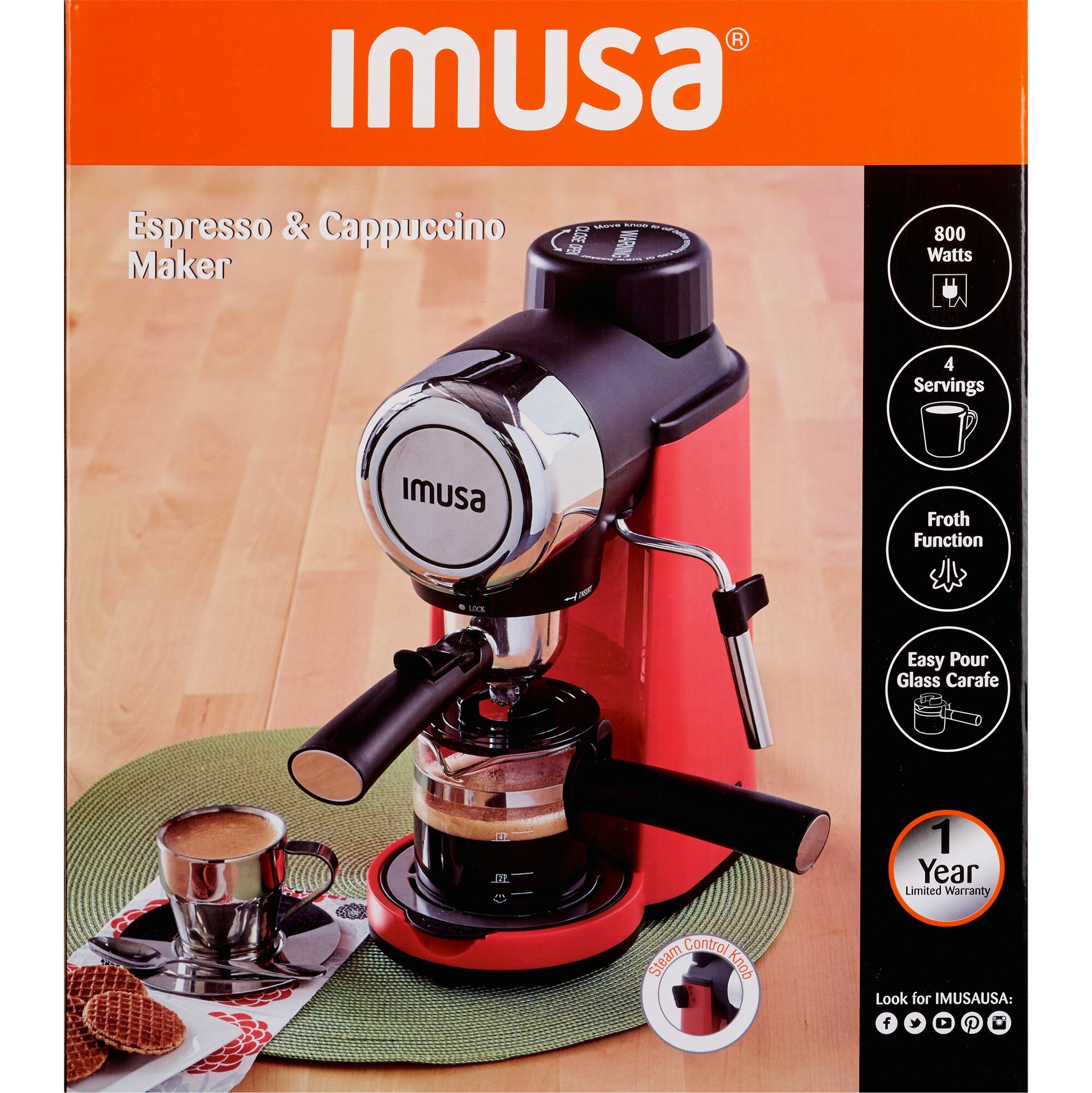IMUSA Electric Epic Red Espresso and Cappuccino Maker, 4 CUP