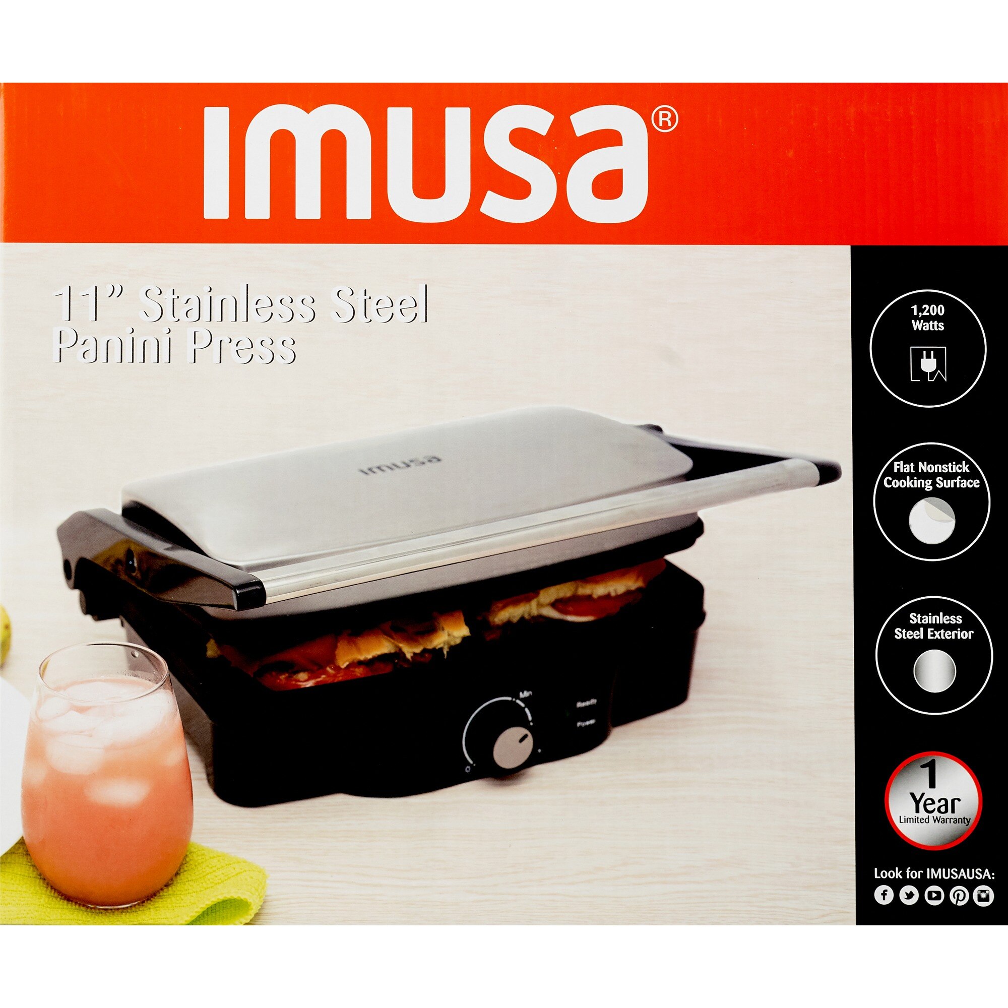 IMUSA Stainless Steel Panini Press, Adjustable Knob