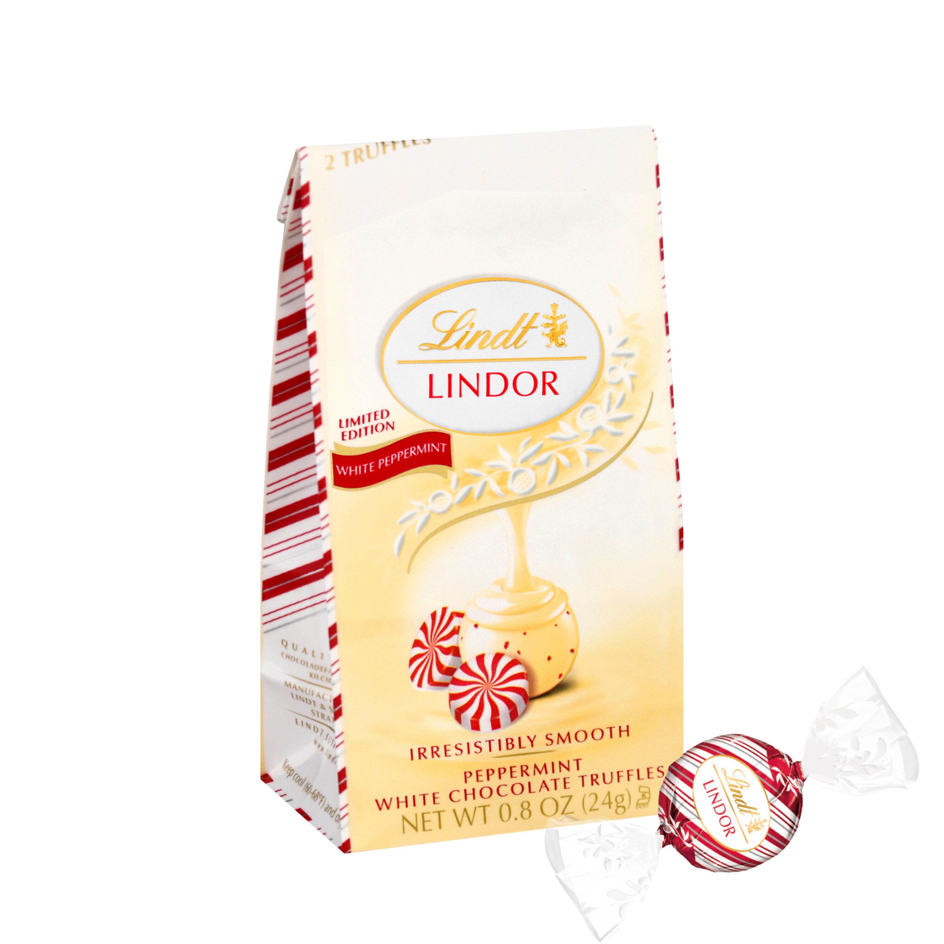 Lindt LINDOR Holiday White Chocolate Peppermint Candy Truffles, 0.8 oz. Bag