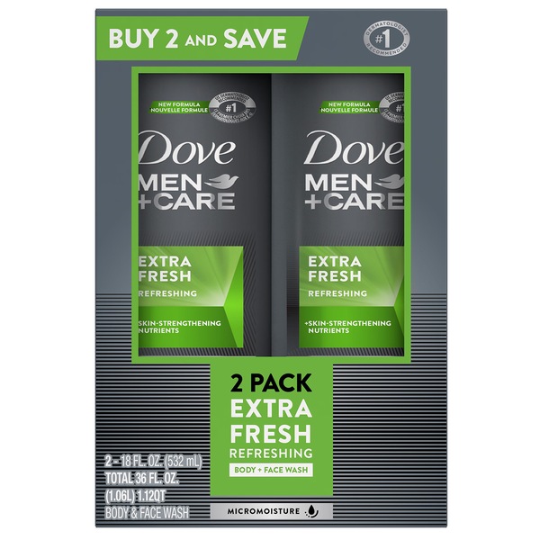 Dove Men Care Extra Fresh Body and Face Wash, 18 oz, 2/Pack