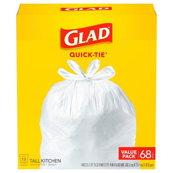 Glad Quick-Tie Tall Kitchen Trash Bags, 13 Gal, 68 ct