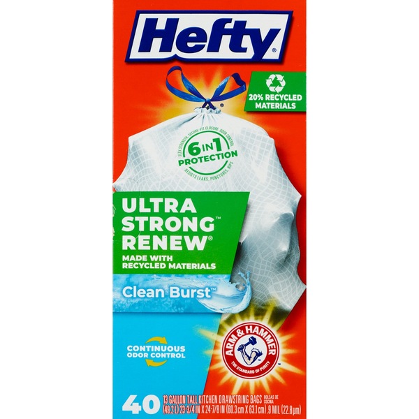 Hefty Renew 13 Gallon Tall Kitchen Drawstring Bags, Scent Free, 40 ct