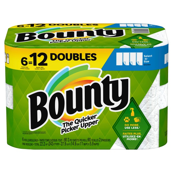 Bounty Select-A-Size Paper Towels, 6 Double Rolls, White, 90 Sheets Per Roll