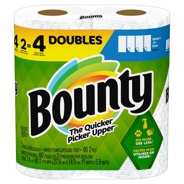 Bounty Select-A-Size Paper Towels, 2 Double Rolls, White, 90 Sheets Per Roll