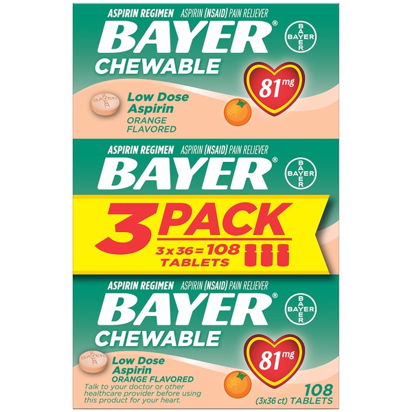 Aspirin Regimen Bayer 81mg Chewable Tablets, Orange Flavor, 108 Ct