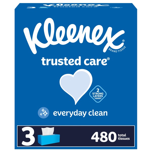 Kleenex Trusted Care Facial Tissues, 3 Flat Boxes, 160 Tissues per Box, 2-Ply (480 Total Tissues)