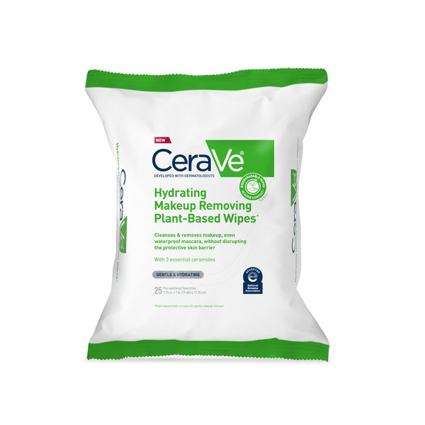 CeraVe Hydrating Makeup Removing Plant-Based Wipes with Ceramides and Glycerin, 25CT