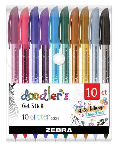 Zebra Pen Doodlerz Gel Stick Pen, 1.0mm Medium, Assorted Glitter Colors, 10 CT