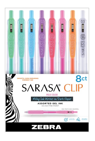 Zebra Pen Sarasa Clip Gel Retractable Pen, 0.5mm Fine, Assorted Milky Pastel, 8 CT