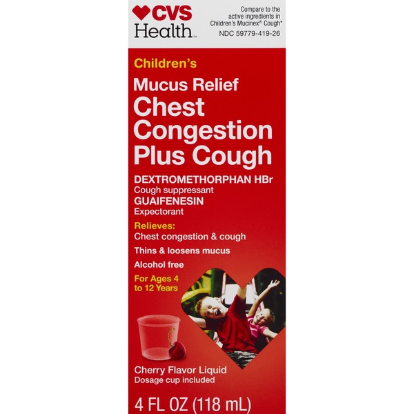 CVS Health Children's Mucus Relief Chest Congestion + Cough Liquid, Cherry, 4 OZ