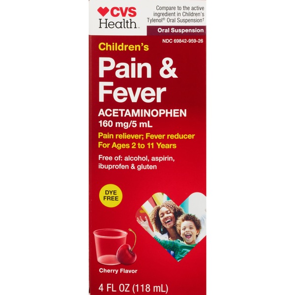 CVS Health Children¿s Acetaminophen Dye Free Pain Reliever & Fever Reducer Oral Suspension, Cherry, 4 FL OZ