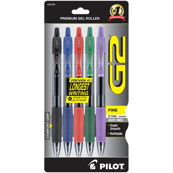 Pilot G2 Premium Refillable & Retractable Gel Pens, Fine Point, Assorted Color Inks, 5 Pack