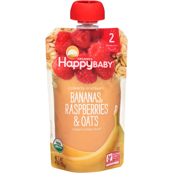 HappyBaby Organic Bananas, Raspberries & Oats Baby Food Pouch, 4 OZ