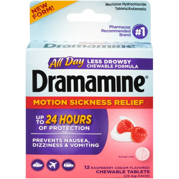 Dramamine, All Day Motion Sickness Relief Chewable Tablets, Raspberry Cream, 12 CT