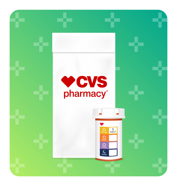 CVS Pharmacy bag and prescription bottle and plus signs in background