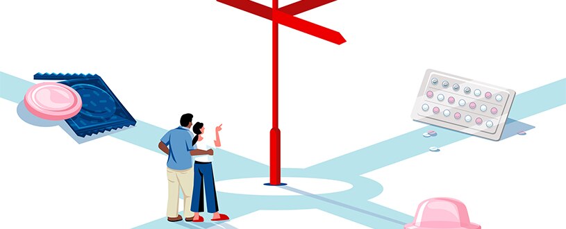 An illustration of a couple standing at a crossroads choosing between birth control pills, a condom and a diaphragm.
